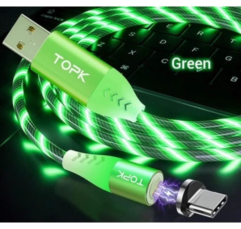 Магнітний кабель USB Type-C TOPK Cвітиться (Зеленим) для швидкої зарядки 3.0 Зелений
