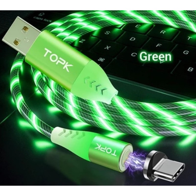 Магнітний кабель USB Type-C TOPK Світитись (Зеленим) для швидкої зарядки 3.0 Зелений