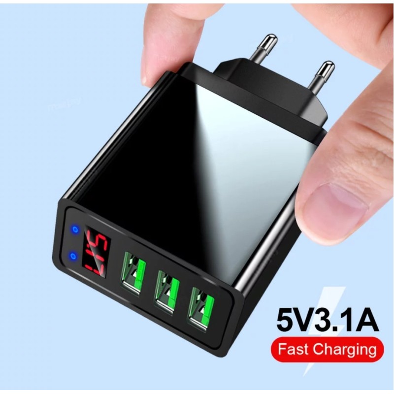 Зарядной блок питания Elough с дисплеем на 3 USB быстрая зарядка 5V 3.1A Черный