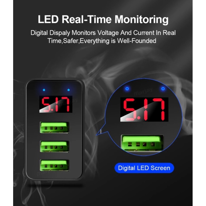 Зарядной блок питания Elough с дисплеем на 3 USB быстрая зарядка 5V 3.1A Черный