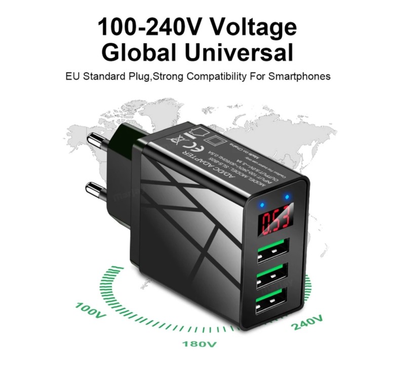 Зарядной блок питания Elough с дисплеем на 3 USB быстрая зарядка 5V 3.1A Черный