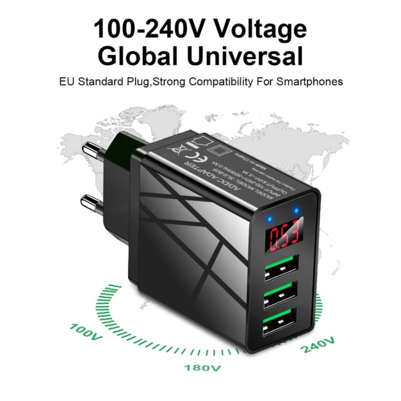 Зарядной блок питания Elough с дисплеем на 3 USB быстрая зарядка 5V 3.1A Черный