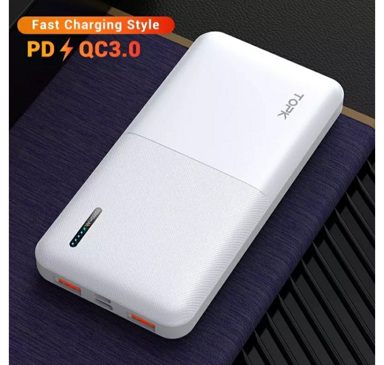 Зарядное устройство Power Bank TOPK Быстрая зарядка QC 3.0 10000 mAh Белый