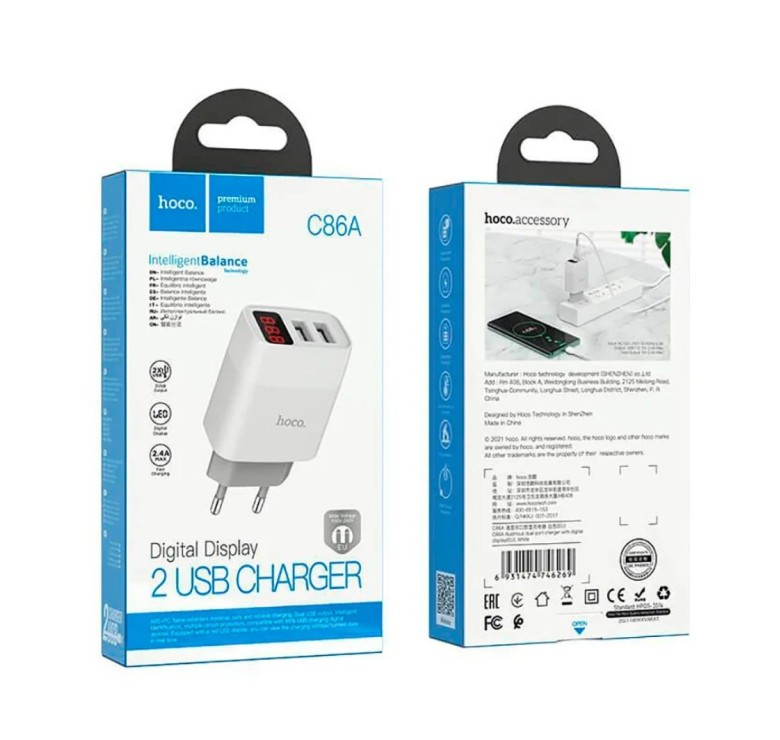 Оригінальний зарядний блок живлення 2 USB Hoco. C86A 5V 2.4 А з дисплеєм Білий