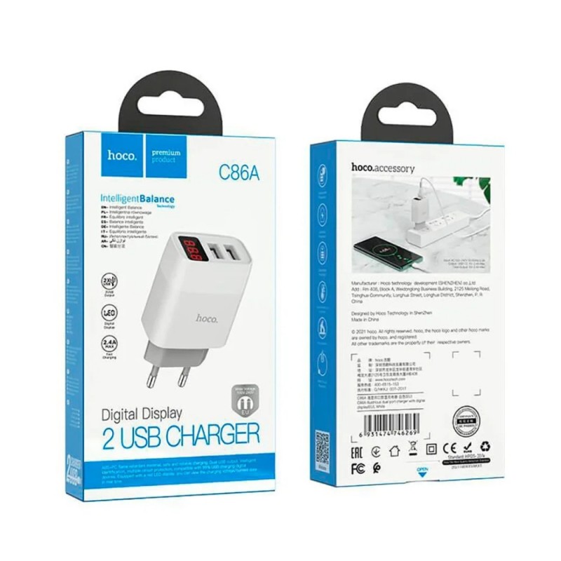 Оригинальное зарядное блок питания 2 USB Hoco. C86A 5V 2.4 А с дисплеем Белый
