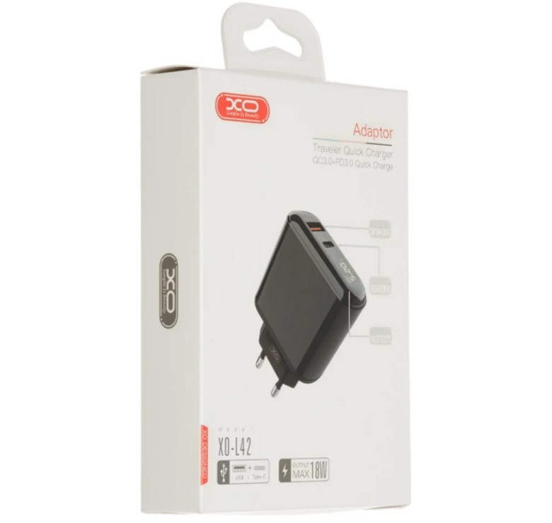 Блок живлення з дисплеєм XO-L42 Швидка зарядка Quick Charge 3.0 USB + Type C Чорний