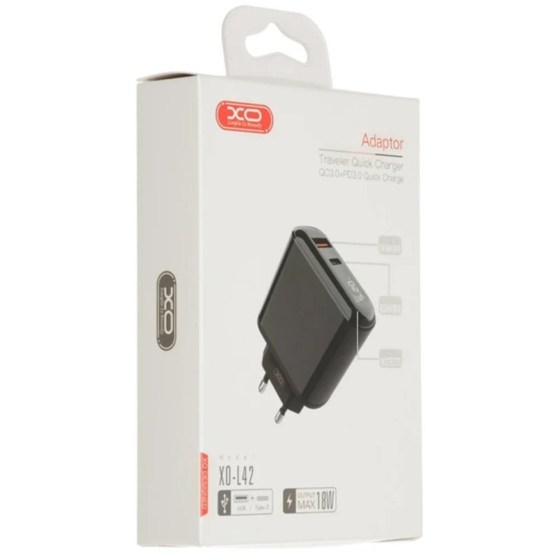 Блок питания с дисплеем XO-L42 Быстрая зарядка Quick Charge 3.0 USB + Type C Черный