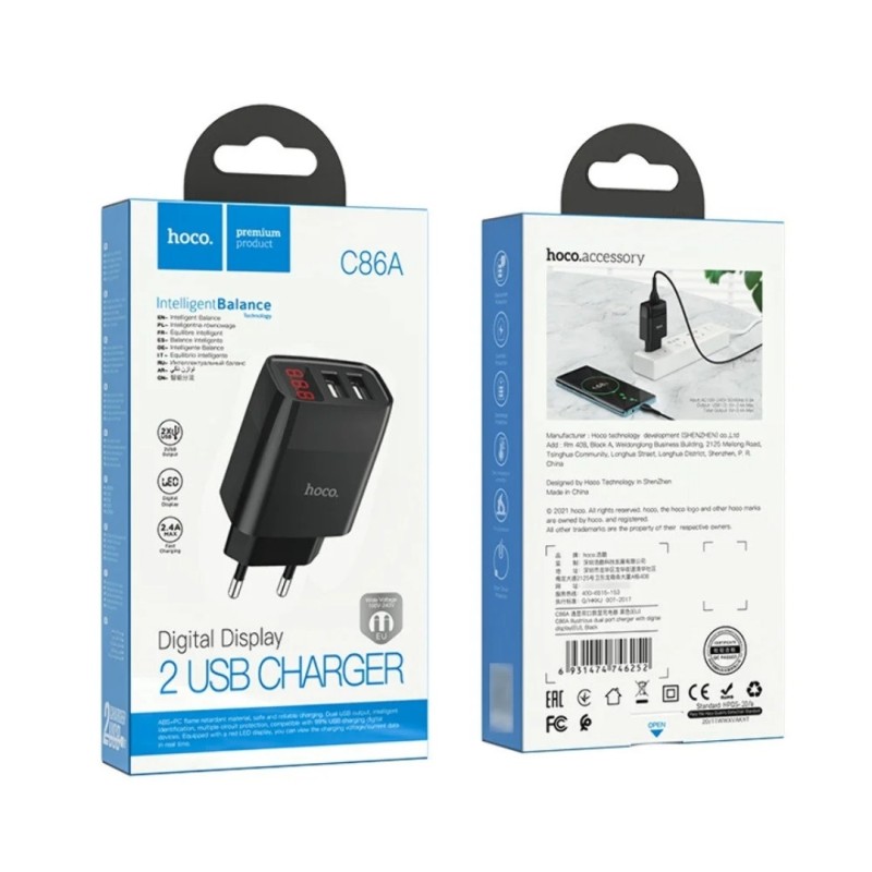 Оригінальний зарядний блок живлення 2 USB Hoco. C86A 5V 2.4 А з дисплеєм Чорний