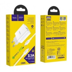 Блок питания hoco. C80A с кабелем type C Быстрая зарядка Quick Charge 3.0 USB 18W + Type C 20W Белый