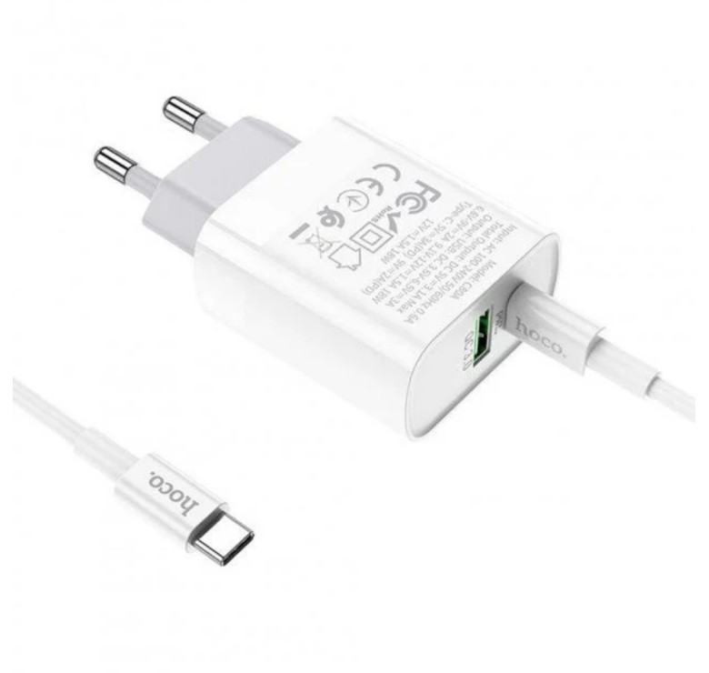 Блок живлення Hoco. C80A з кабелем type C Швидка зарядка Quick Charge 3.0 USB 18W + Type C 20W Білий