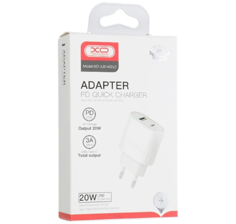 Блок питания XO-L81A Быстрая зарядка Quick Charge 3.0 USB 18W + Type C (PD 20W) Белый