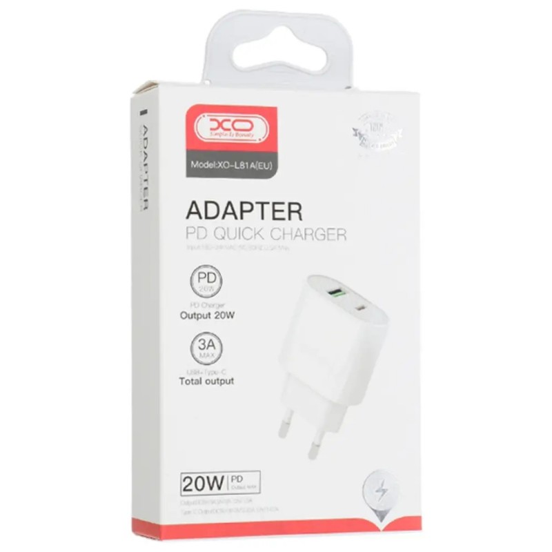 Блок живлення XO-L81A Швидке заряджання Quick Charge 3.0 USB 18W + Type C (PD 20W) Білий