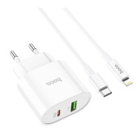 Блок питания hoco. C95A  с кабелем Type-C - Lightning  Quick Charge 3.0 18W + Type-C PD20W Белый