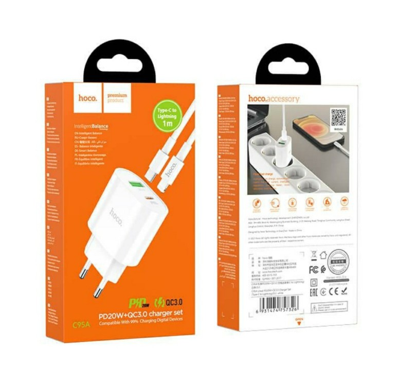 Блок питания hoco. C95A с кабелем Type-C - Lightning Quick Charge 3.0 18W + Type-C PD20W Белый