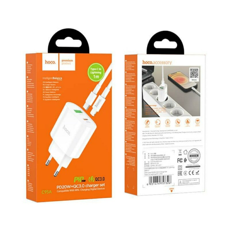 Блок живлення Hoco. C95A з кабелем Type-C - Lightning Quick Charge 3.0 18W + Type-C PD20W Білий