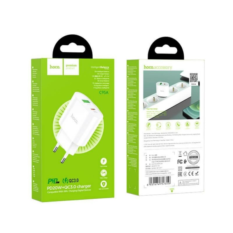 Блок живлення Hoco. C95A Quick Charge 3.0 18W + Type-C PD20W Білий