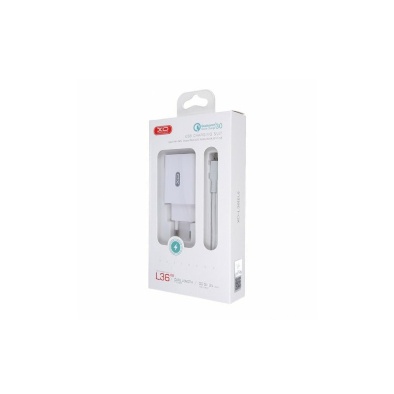 Блок живлення XO-L36 із кабелем Type-C Швидка зарядка Quick Charge 3.0 Білий