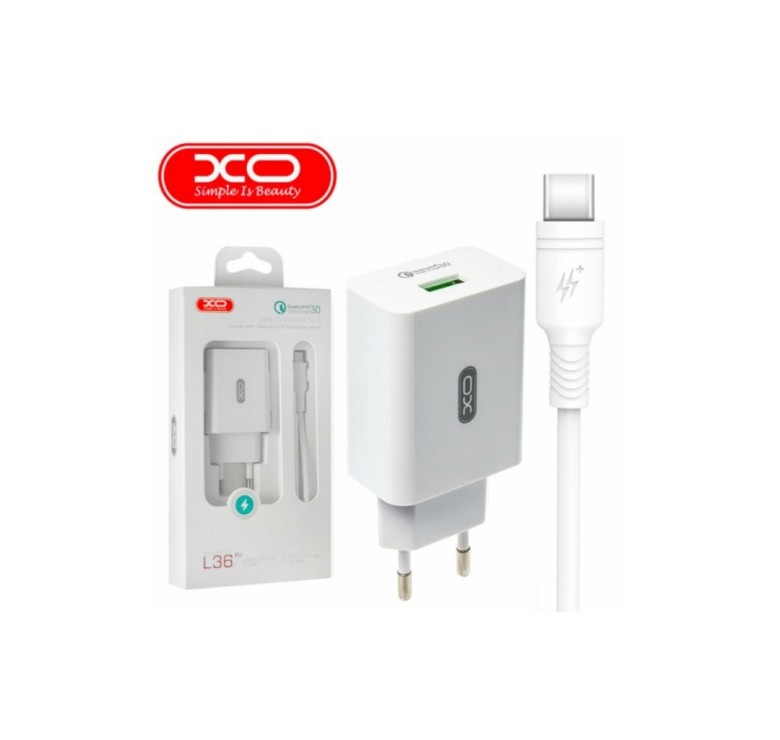 Блок живлення XO-L36 із кабелем Type-C Швидка зарядка Quick Charge 3.0 Білий