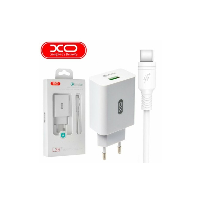 Блок живлення XO-L36 із кабелем Type-C Швидка зарядка Quick Charge 3.0 Білий