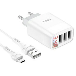 Блок питания hoco. C93A 3 USB + дисплей + кабель Micro-USB до 3.4 Ампер Белый