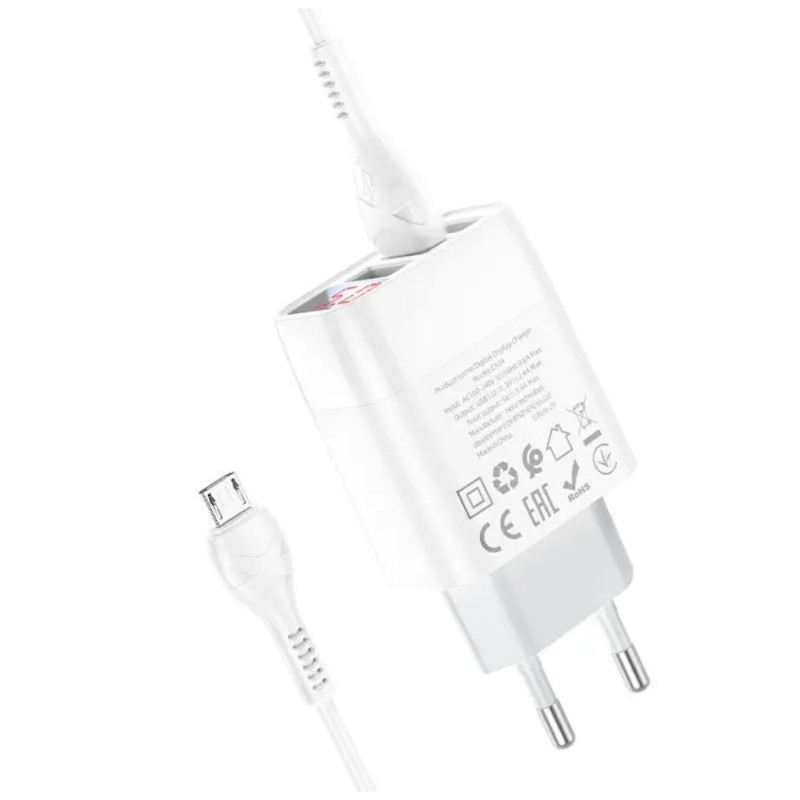 Блок живлення Hoco. C93A 3 USB + дисплей + кабель Micro-USB до 3.4 Ампер Білий