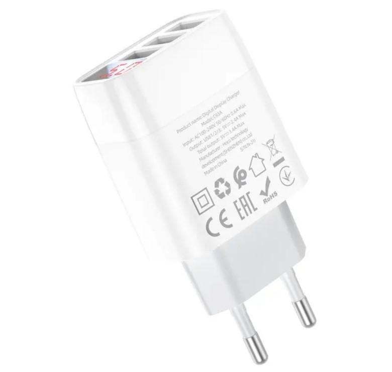 Блок питания hoco. C93A 3 USB + дисплей + кабель Micro-USB до 3.4 Ампер Белый