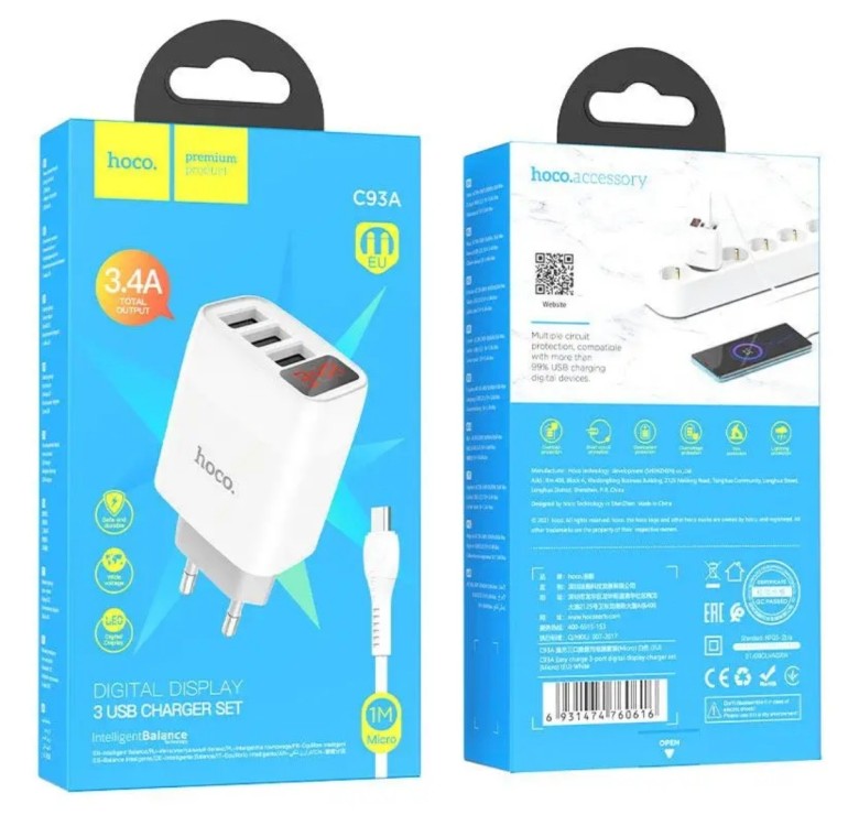 Блок питания hoco. C93A 3 USB + дисплей + кабель Micro-USB до 3.4 Ампер Белый