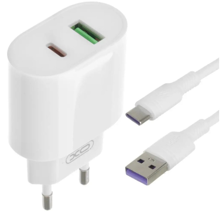 Блок питания XO-L81A с кабелем Type-C Быстрая зарядка Quick Charge 3.0 USB 18W + Type C (PD 20W) Белый
