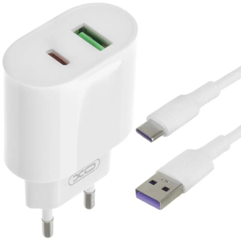 Блок живлення XO-L81A з кабелем Type-C Швидке заряджання Quick Charge 3.0 USB 18W + Type C (PD 20W) Білий
