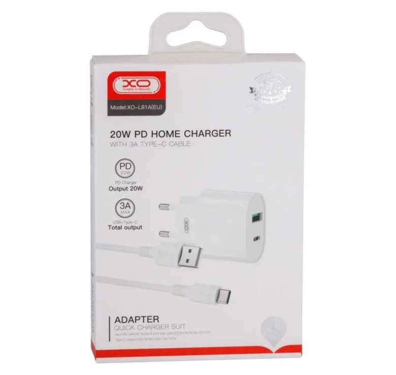 Блок питания XO-L81A с кабелем Type-C Быстрая зарядка Quick Charge 3.0 USB 18W + Type C (PD 20W) Белый