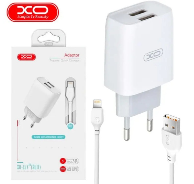 Оригинальный блок питания XO-L57 с кабелем lightning для Iphone 5 вольт 2.4 Ампера 2 USB Белый