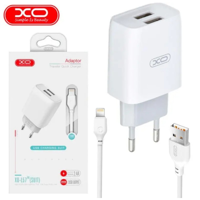 Оригінальний блок живлення XO-L57 з кабелем lightning для Iphone 5 вольт 2.4 Ампера 2 USB Білий