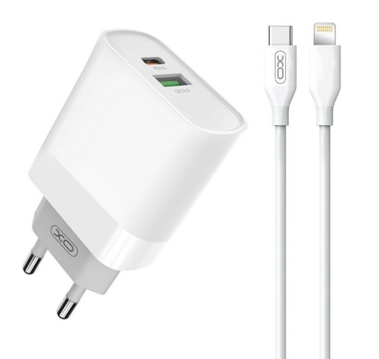 Блок питания XO-L81A с кабелем Type-C - Lightning (Iphone) Quick Charge 3.0 USB 18W + Type C (PD 20W) Белый