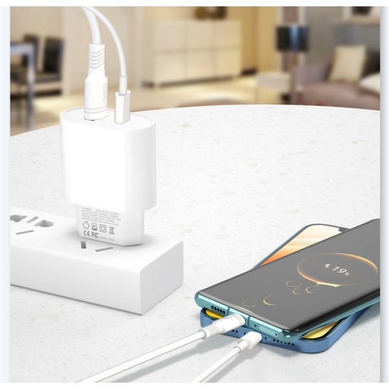 Блок питания XO-L81A с кабелем Type-C - Lightning (Iphone) Quick Charge 3.0 USB 18W + Type C (PD 20W) Белый