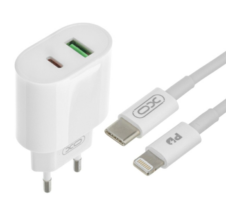 Блок питания XO-L81A с кабелем Type-C - Lightning (Iphone) Quick Charge 3.0 USB 18W + Type C (PD 20W) Белый