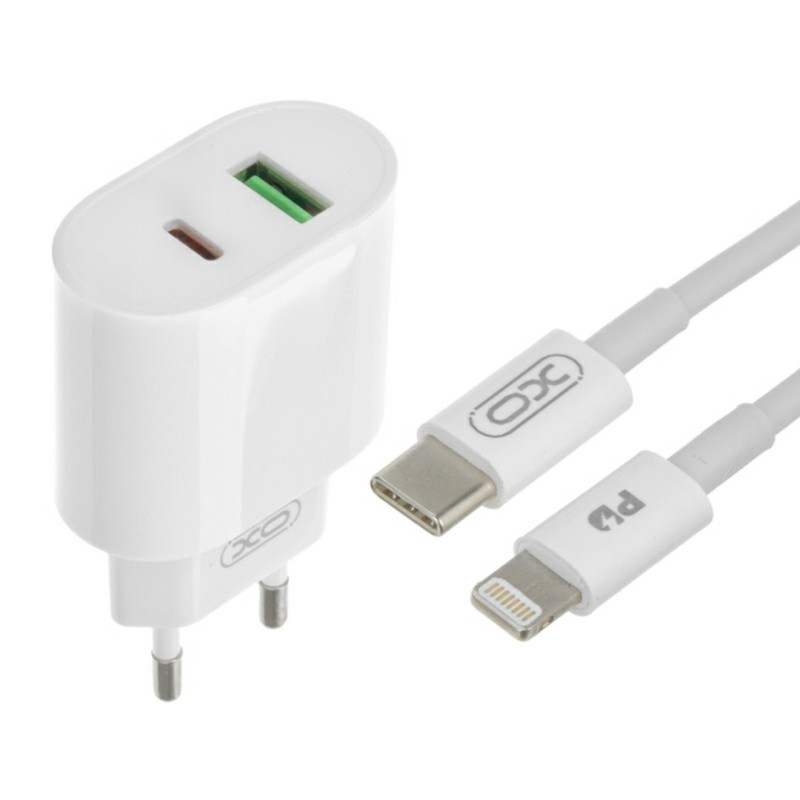 Блок питания XO-L81A с кабелем Type-C - Lightning (Iphone) Quick Charge 3.0 USB 18W + Type C (PD 20W) Белый