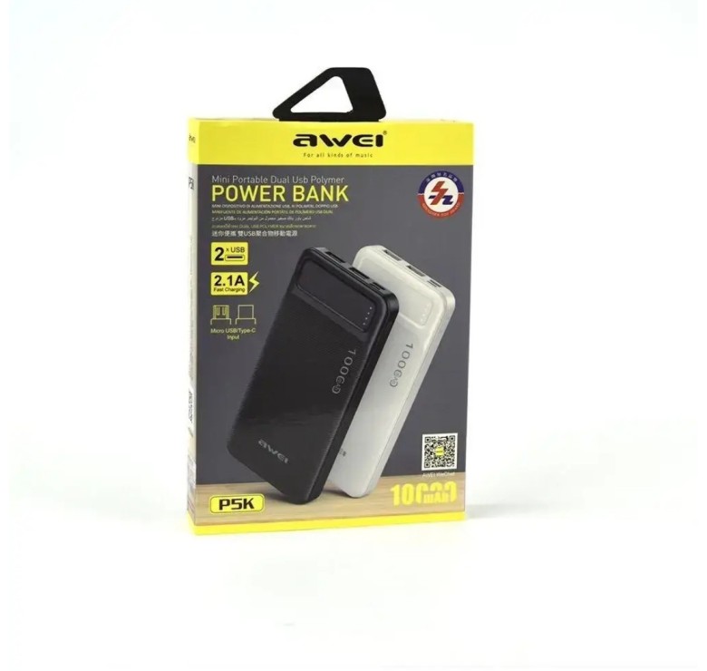 Зарядный Power Bank Awei P5K / Быстрая зарядка 5 вольт 2.1 Ампера / 10000 mAh / Черный