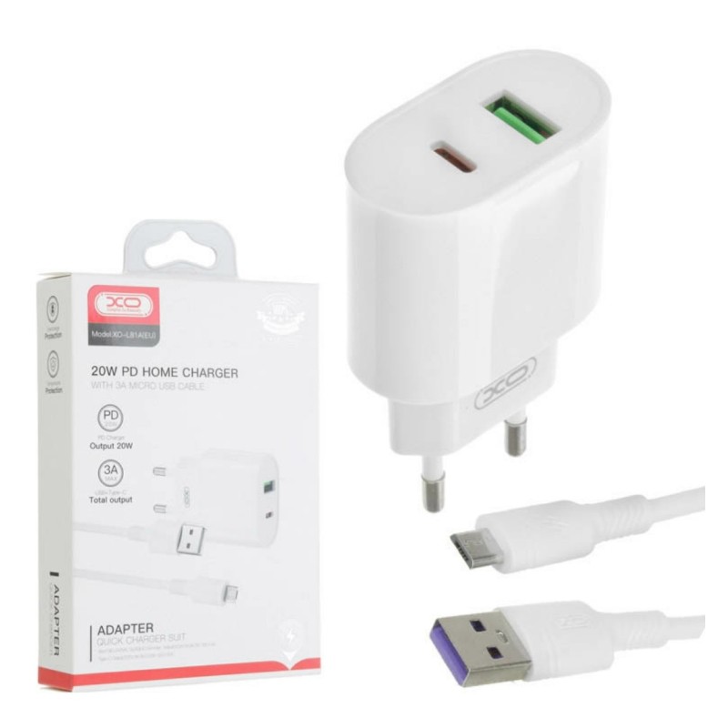 Блок питания XO-L81A с кабелем Micro USB Быстрая зарядка Quick Charge 3.0 USB 18W + Type C (PD 20W) Белый