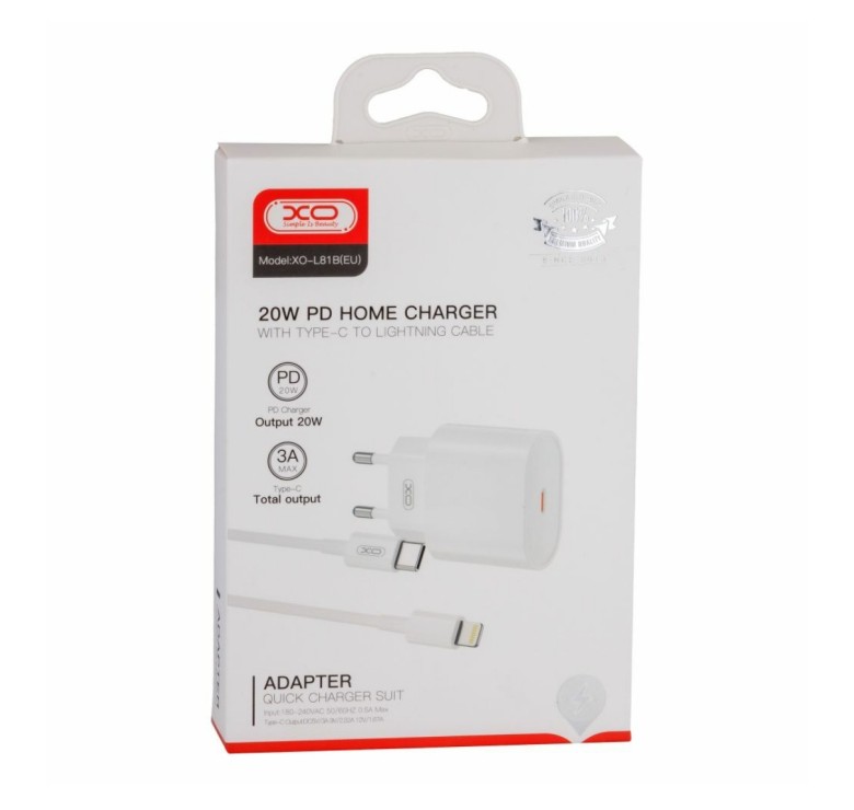 Блок живлення XO-L81B з кабелем Type-C - Lightning (Iphone) / Швидка зарядка Quick Charge 3.0/20W (PD 20W) Бел