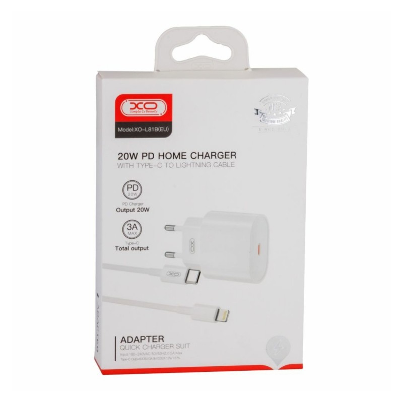 Блок питания XO-L81B с кабелем Type-C - Lightning (Iphone) / Быстрая зарядка Quick Charge 3.0/20W (PD 20W) Бел
