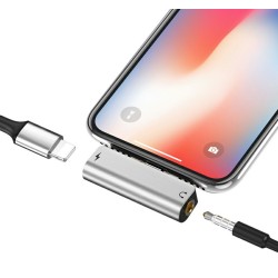Конвертер Hoco. LS25 (роздвоювач 2 в 1) з Lightning (Iphone) на Lightning та аудіо 3.5 мм. Сірий
