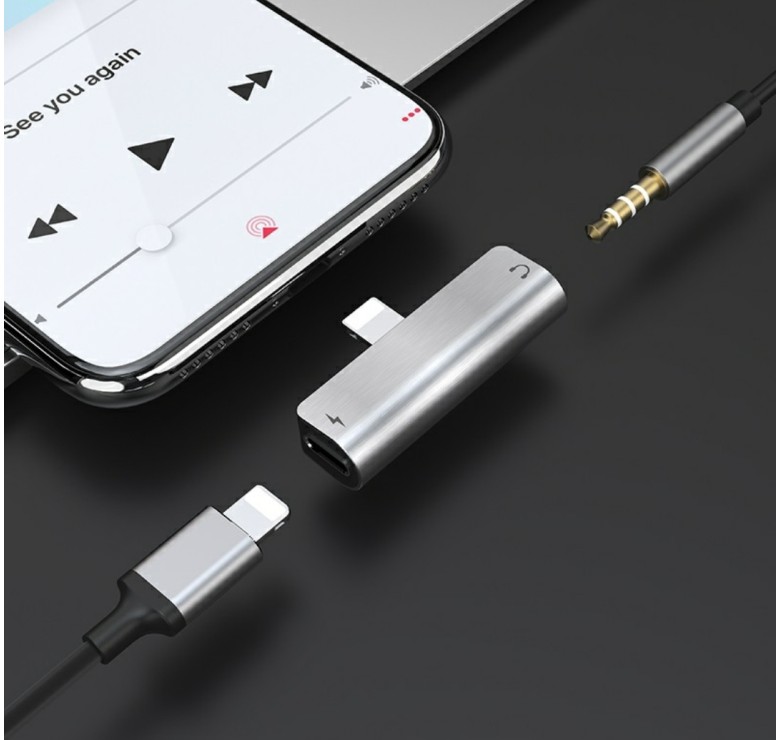 Конвертер Hoco. LS25 (роздвоювач 2 в 1) з Lightning (Iphone) на Lightning та аудіо 3.5 мм. Сірий