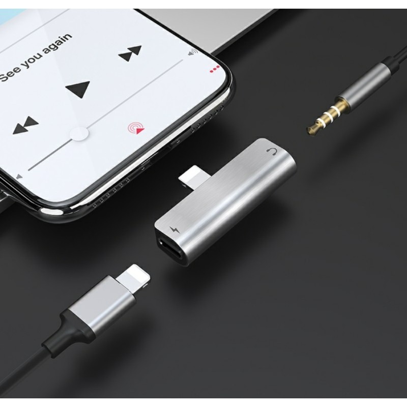 Конвертер Hoco. LS25 (роздвоювач 2 в 1) з Lightning (Iphone) на Lightning та аудіо 3.5 мм. Сірий