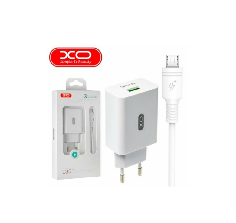 Блок питания XO-L36 с кабелем Micro - USB / Быстрая зарядка Quick Charge 3.0 / Белый