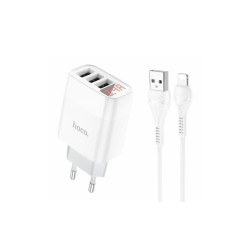 Блок питания hoco. C93A / 3 USB + дисплей + кабель Lightning - USB / до 3.4 Ампер / Белый