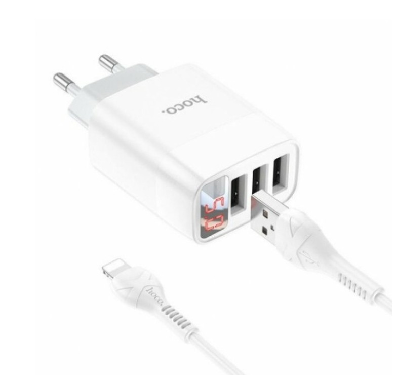 Блок живлення hoco. C93A / 3 USB + дисплей + кабель Lightning - USB / до 3.4 Ампер / Білий