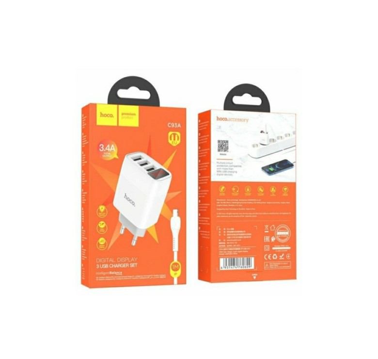 Блок живлення hoco. C93A / 3 USB + дисплей + кабель Lightning - USB / до 3.4 Ампер / Білий