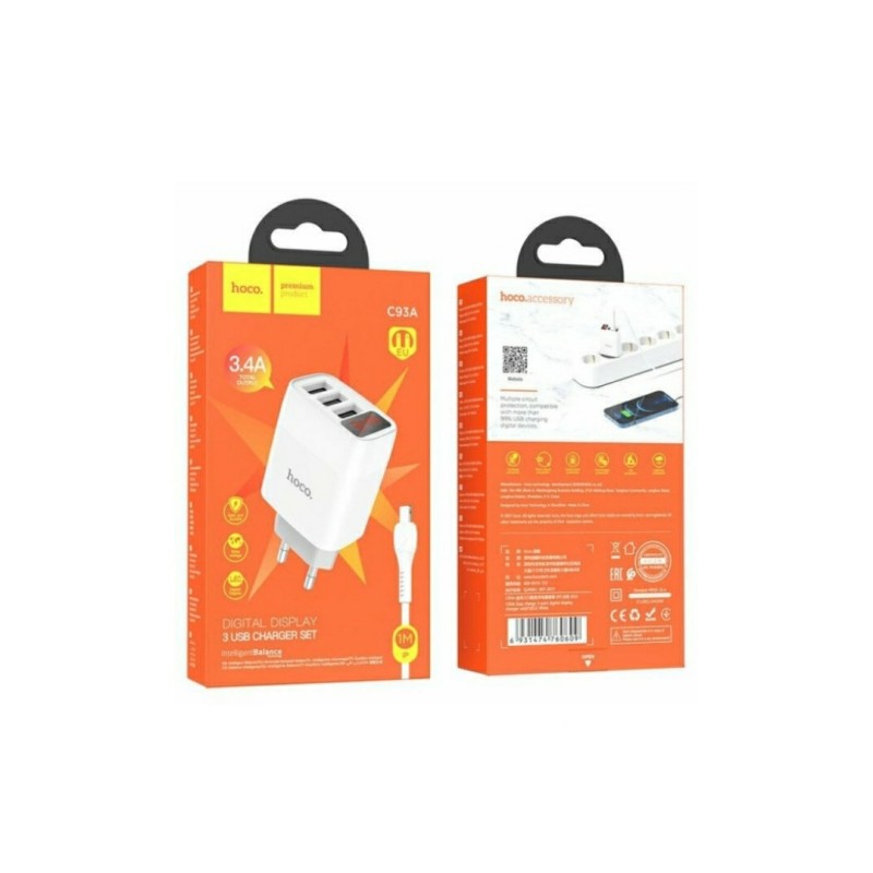 Блок питания hoco. C93A / 3 USB + дисплей + кабель Lightning - USB / до 3.4 Ампер / Белый
