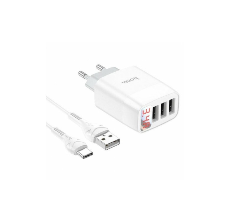 Блок питания hoco. C93A / 3 USB + дисплей + кабель Type-C - USB / до 3.4 Ампер / Белый