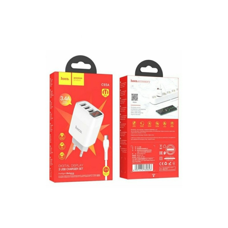 Блок питания hoco. C93A / 3 USB + дисплей + кабель Type-C - USB / до 3.4 Ампер / Белый